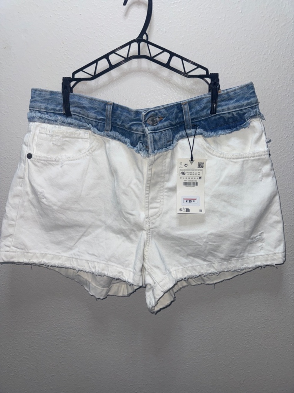 Zara Two-Tone Blue Waist White Denim Shorts